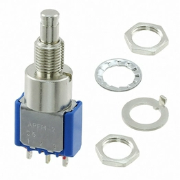 8632 The APEM Inc. 8632 is an On-Mom SPDT pushbutton switch with a 125V AC / 30V DC voltage rating and 6A current rating. It features solder lug termination and a panel mount design.