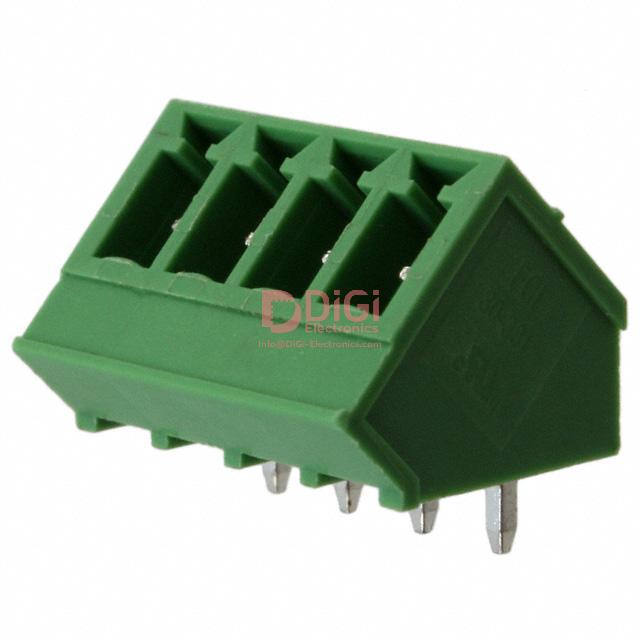 VK0431500000G The Amphenol Anytek VK0431500000G is a 4-position terminal block header with a 3.81mm pitch. It features a 45° orientation and through-hole mounting.