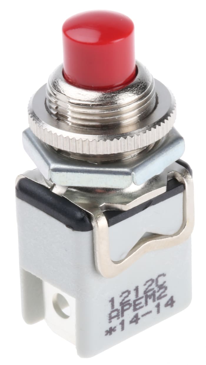 1212C This APEM Inc. 1212C RED is a momentary push button switch with a Single Pole Single Throw (SPST) contact configuration. It is designed for panel mounting with a 12.2mm cutout size.
