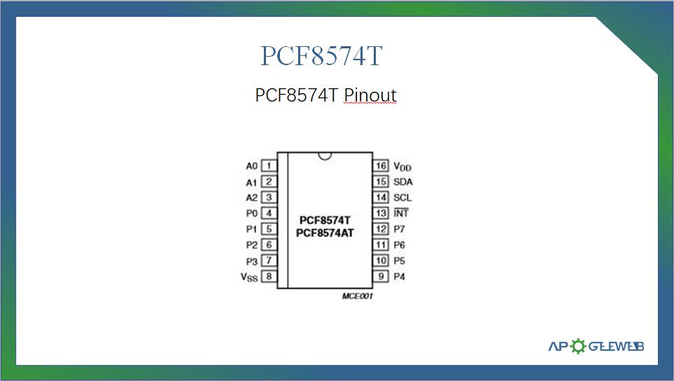PCF8574T The NXP Semiconductors PCF8574T is an 8-bit I/O expander designed for I2C-bus applications. It provides 8 I/O lines and operates with a power supply of 3/5V.