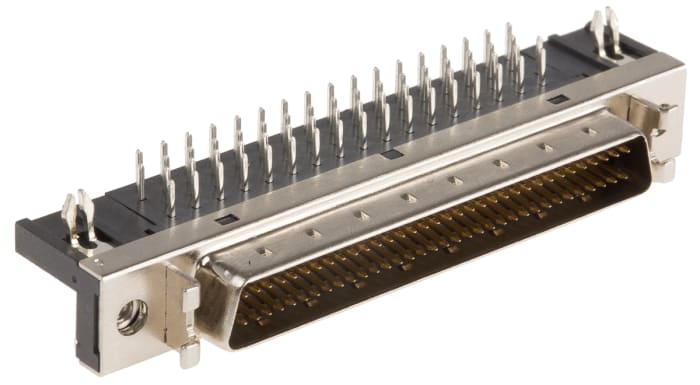 3700-0121-01 This MH Connectors SCSI connector features 68 contacts, a right-angle orientation, and through-hole mounting. It has a 2.54mm pitch and is rated for 500mA current and 500V ac voltage.