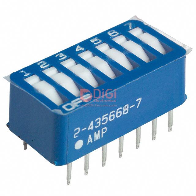 435668-7 This TE Connectivity ALCOSWITCH 435668-7 is a SPST rocker DIP switch designed for through-hole mounting. It features a 7-position configuration with a 60mA current rating at 5VDC.