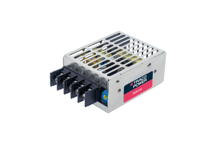 TXLN 018-115 The Traco Power TXLN 018-115 is an enclosed AC/DC converter providing 15V at 1.2A for an 18W output. It features a universal 85-264V AC input.
