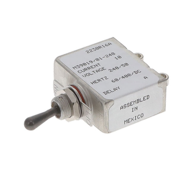 M39019/01-248 The Sensata M39019/01-248 is a magnetic circuit breaker designed for panel mounting. It features a 10A current rating and a 240V voltage rating.