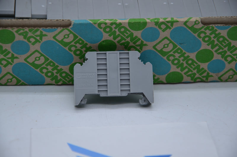 ENS35N The Phoenix Contact ENS35N is a gray end clamp with a width of 9.5mm, designed for the ENS system. It comes in a box of 43 units.