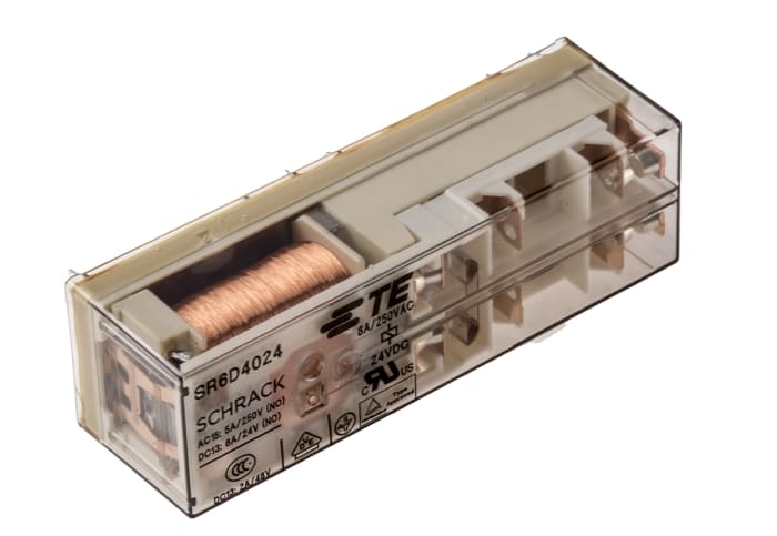 SR6D4024 The Schrack SR6D4024 is a force-guided relay with a 24VDC coil voltage and an 8A contact rating. It features a monostable coil magnetic system and 2 normally open (NO) plus 2 normally closed (NC) contacts.