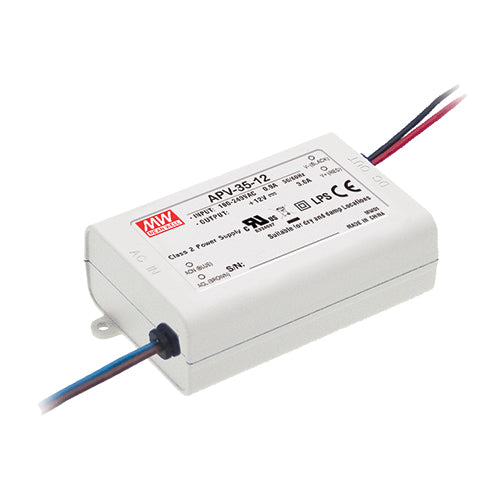 APV-35-12 Mean Well USA APV-35-12 is a constant voltage LED driver with 12V output at 3A (36W). It accepts 90-264VAC input and features OCP, OVP, SCP protections.