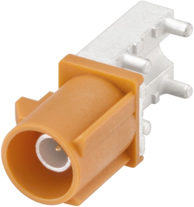 59S2AQ-40MT5-M-1 The Rosenberger 59S2AQ-40MT5-M-1 is a FAKRA right angle plug connector designed for PC-Board SMD Pin-in-Paste applications. It features a single housing design with pastel orange coding.