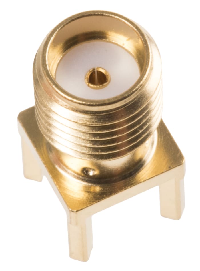 R124426123W This Radiall SMA-COM series connector is a female PCB mount jack with a 50 Ohm impedance and 18 GHz operating frequency.