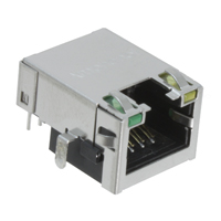 RJE721881441 8P8C (RJ45) shielded modular jack with Cat5e rating, right-angle orientation, and board edge through-hole mounting. Includes green-yellow LED indicators.