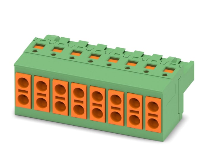 TVFKC-1.5/8-ST This Phoenix Contact TVFKC-1.5/8-ST is an 8-contact pluggable terminal block with a 5mm pitch. It features a push-in spring connection and a 10A current rating.