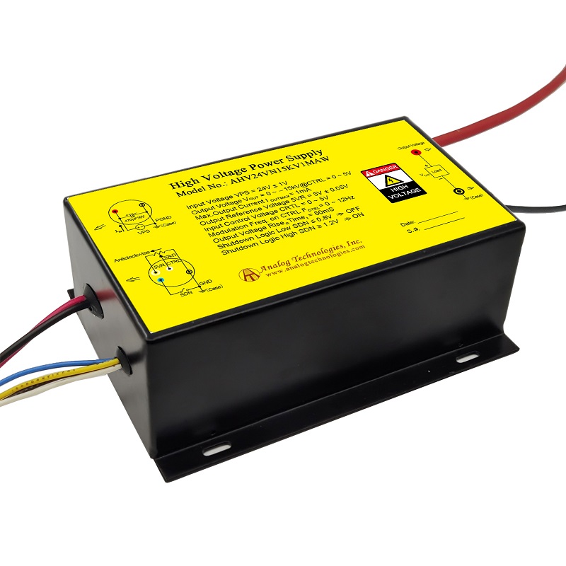 AHV24VN15KV1MAW The Analog Technologies AHV24VN15KV1MAW is a high voltage DC-DC power supply module designed for demanding applications. It offers a 24V input and can provide an output voltage up to -15kV.