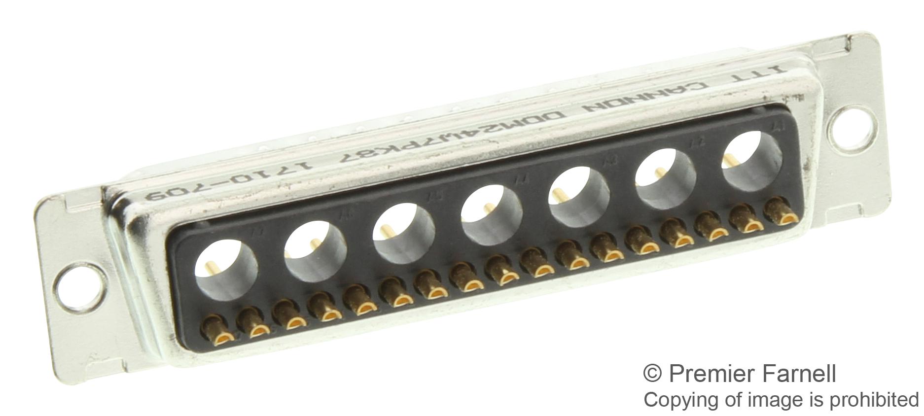 DDM24W7SF179A D-Sub Combo receptacle with 24 positions (17 signal + 7 coax/power), female sockets, panel mount and through hole mounting, wire wrap termination, gold flash contacts, and shielded construction.