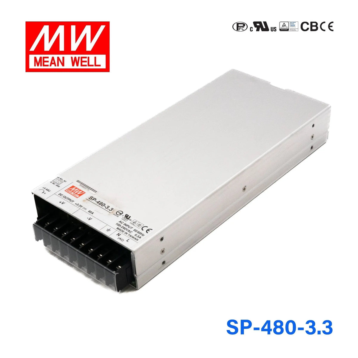 SP-480-3.3 The Mean Well USA SP-480-3.3 is an enclosed AC/DC converter providing 3.3V at 85A for a total of 281W. It features universal AC input and chassis mounting.