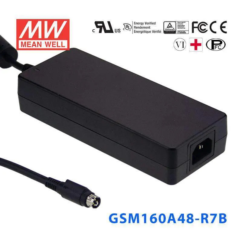 GSM160A48-R7B The Mean Well USA GSM160A48-R7B is a 160W AC/DC desktop adapter with a 48V output. It operates from an 80-264VAC input range and meets Energy Efficiency Level VI.
