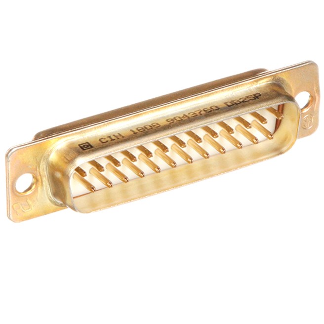 DB25P Cinch DB25P is a 25-position D-Sub plug connector with male pins and solder cup termination. It features gold flash contacts and a steel shell with yellow chromate plated zinc finish.