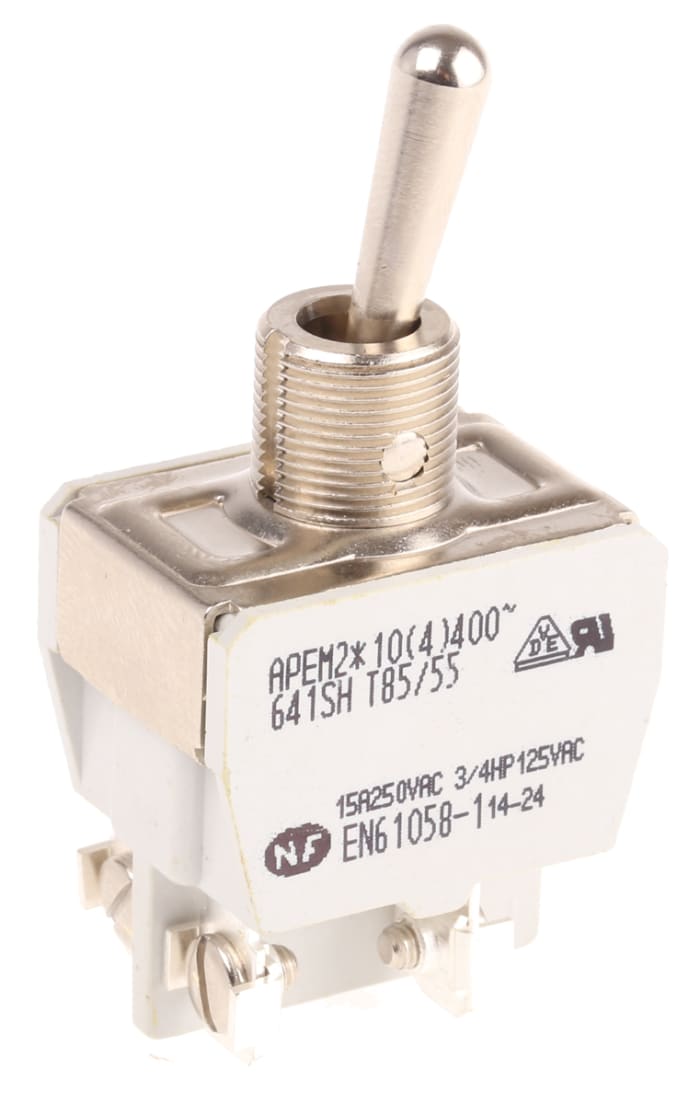 641SH The APEM 641SH is a single-pole, single-throw (SPST) toggle switch designed for panel mounting. It features screw terminals and a 24Vdc contact voltage rating.