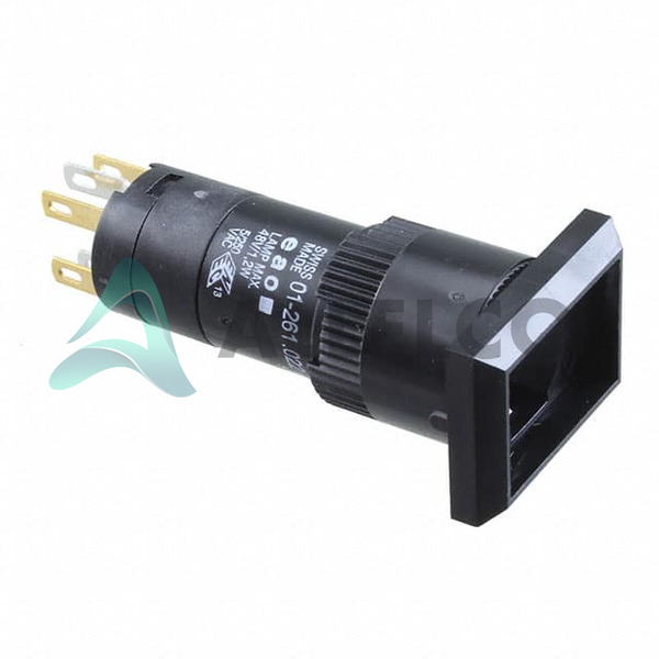 01-131.025 The EAO 01-131.025 is a pushbutton switch with a DPST-NO/NC circuit, rated for 5A at 250V. It features solder lug termination and IP40 ingress protection.