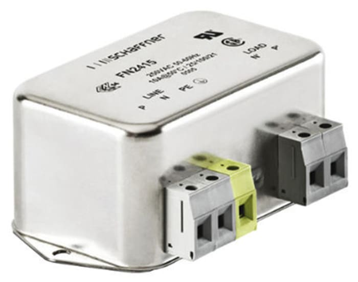 FN2415-16-29 Schaffner FN2415-16-29 is a two-stage EMC/EMI power line filter rated for 16A at 250VAC. It features chassis mount with terminal block termination and operates from DC to 60 Hz.