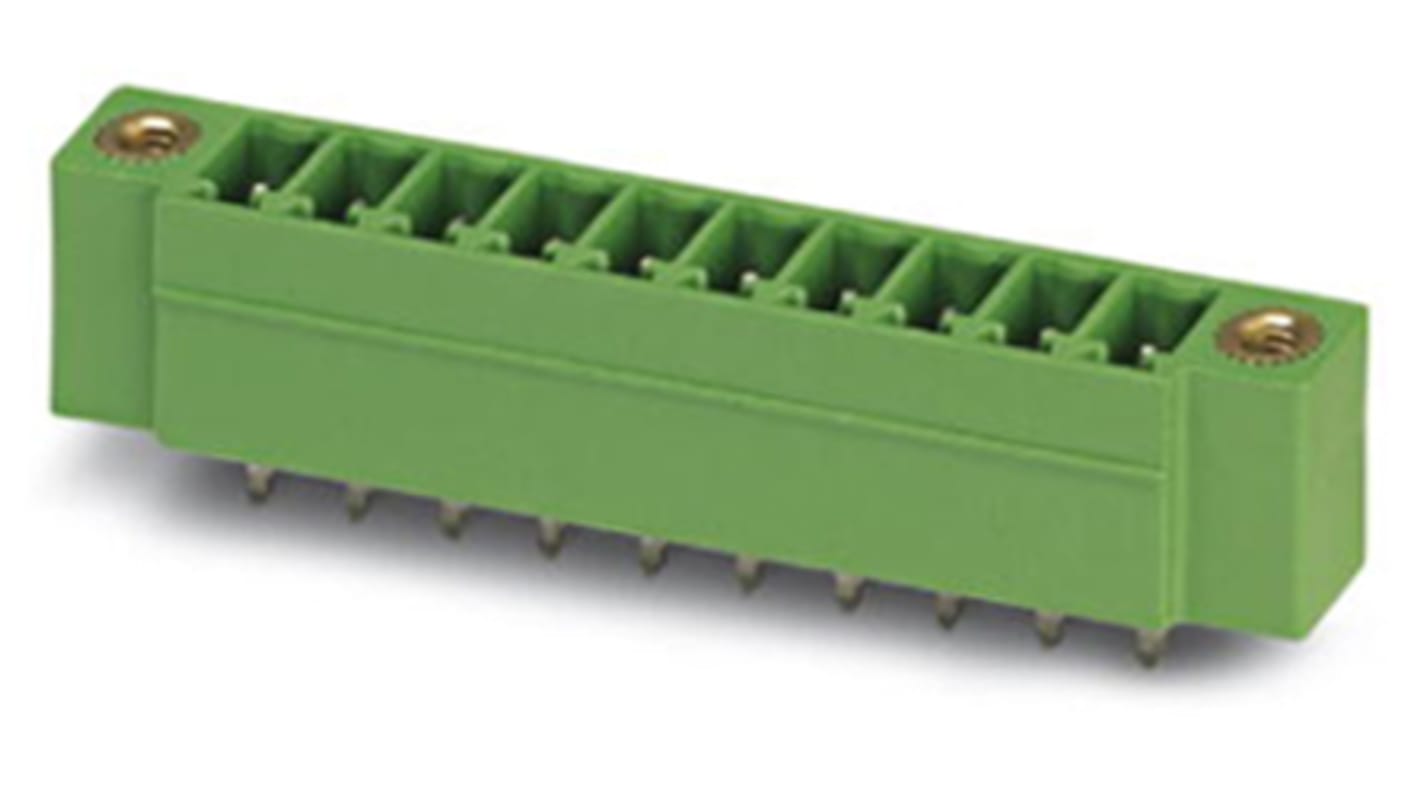 1911198 Terminal block header with 5 positions, 3.5mm pitch, through hole press-fit mounting, vertical orientation, rated 300V and 8A.