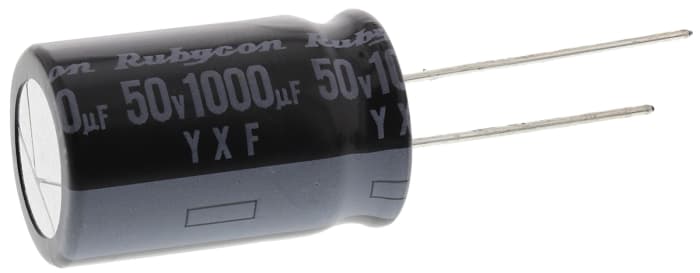 50YXF1000M16X25 This Rubycon 50YXF1000M16X25 is a polar aluminum electrolytic capacitor with a capacitance of 1000μF and a voltage rating of 50V dc. It features through-hole mounting and a radial can construction.