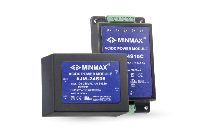 AJM-24S12 The MINMAX AJM-24S12 is a 24W AC-DC power module with a 12VDC output and 2A current rating. It features a universal 85-264VAC input and operates across a wide temperature range.