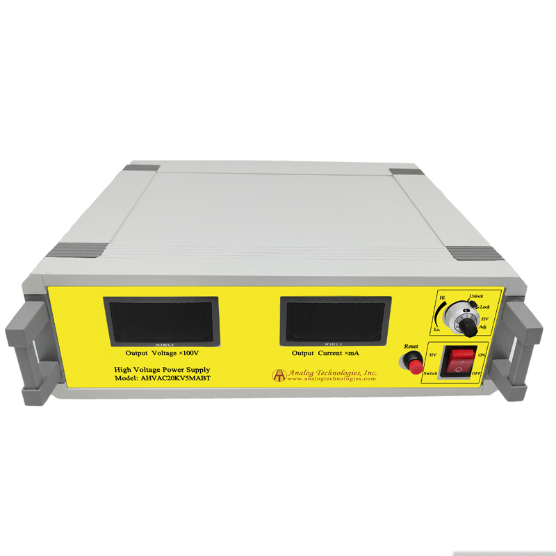 AHVAC20KV5MABT The Analog Technologies AHVAC20KV5MABT is an enclosed, rack mount AC-DC power supply designed for high voltage applications. It features a 20kV output voltage and operates from 110-230VAC input.