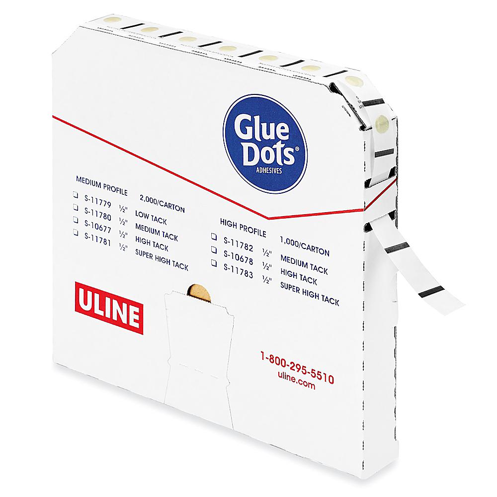 S-10677 The ULINE S-10677 is a 1/2" diameter, medium profile, high tack glue dot designed for instant bonding. It comes in a convenient dispenser box for easy removal.