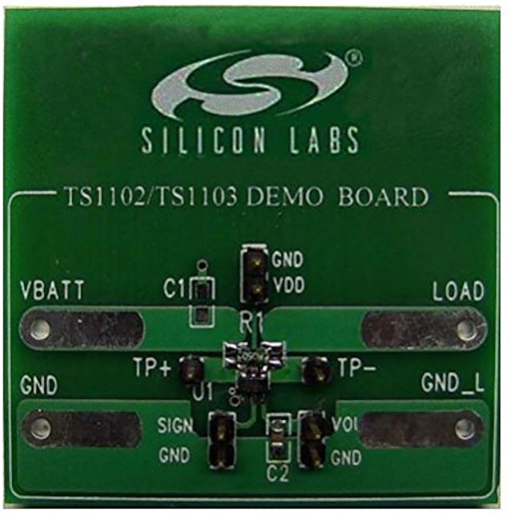 TS1102-50DB Evaluation board for the TS1102-50 current sense amplifier from Silicon Labs. Features single-ended output, 6 kHz bandwidth, 50 V/V gain, and operates from 2V to 27V supply.