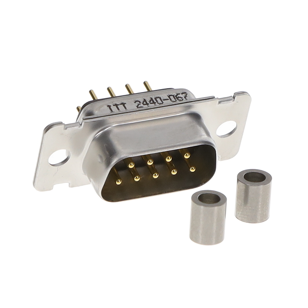 M24308/24-1P D-Sub connector plug with 9 male pins. Through-hole mounting with solder termination and gold contacts.