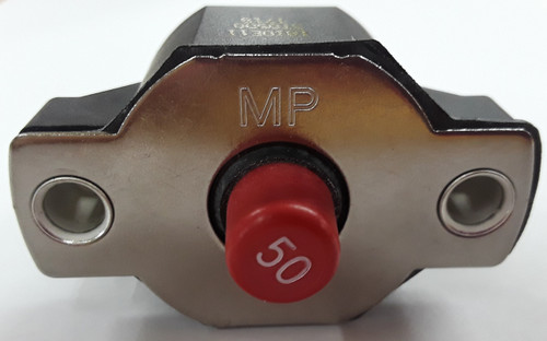 1810-E1-1-3T-0500-13 The Mechanical Products 1810-E1-1-3T-0500-13 is a 50A thermal circuit breaker with a push-to-reset actuator. It is rated for 120VAC and 32VDC.