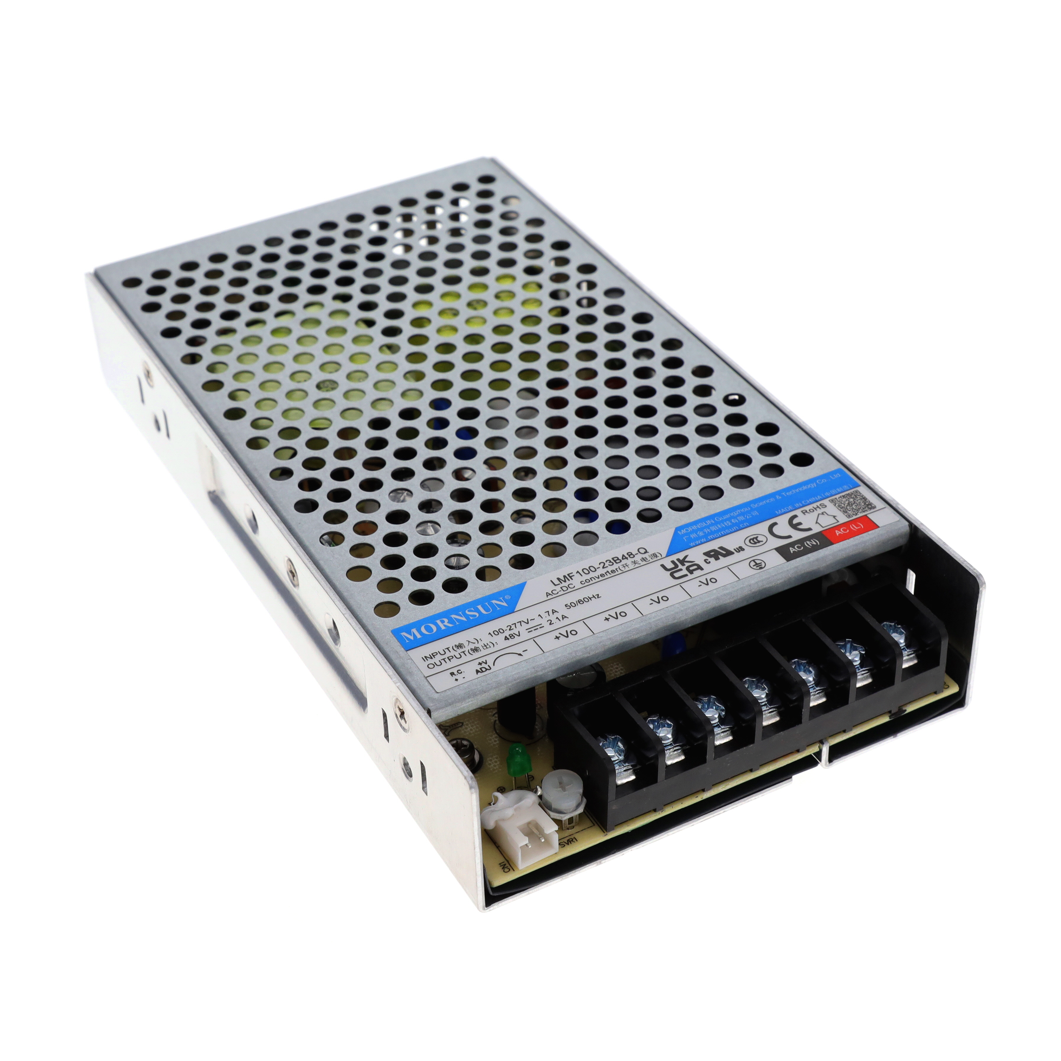 LMF100-23B48-Q The Mornsun America, LLC LMF100-23B48-Q is an enclosed AC/DC converter delivering 101W of power with a 48V output. It features PFC and universal input for versatile application.