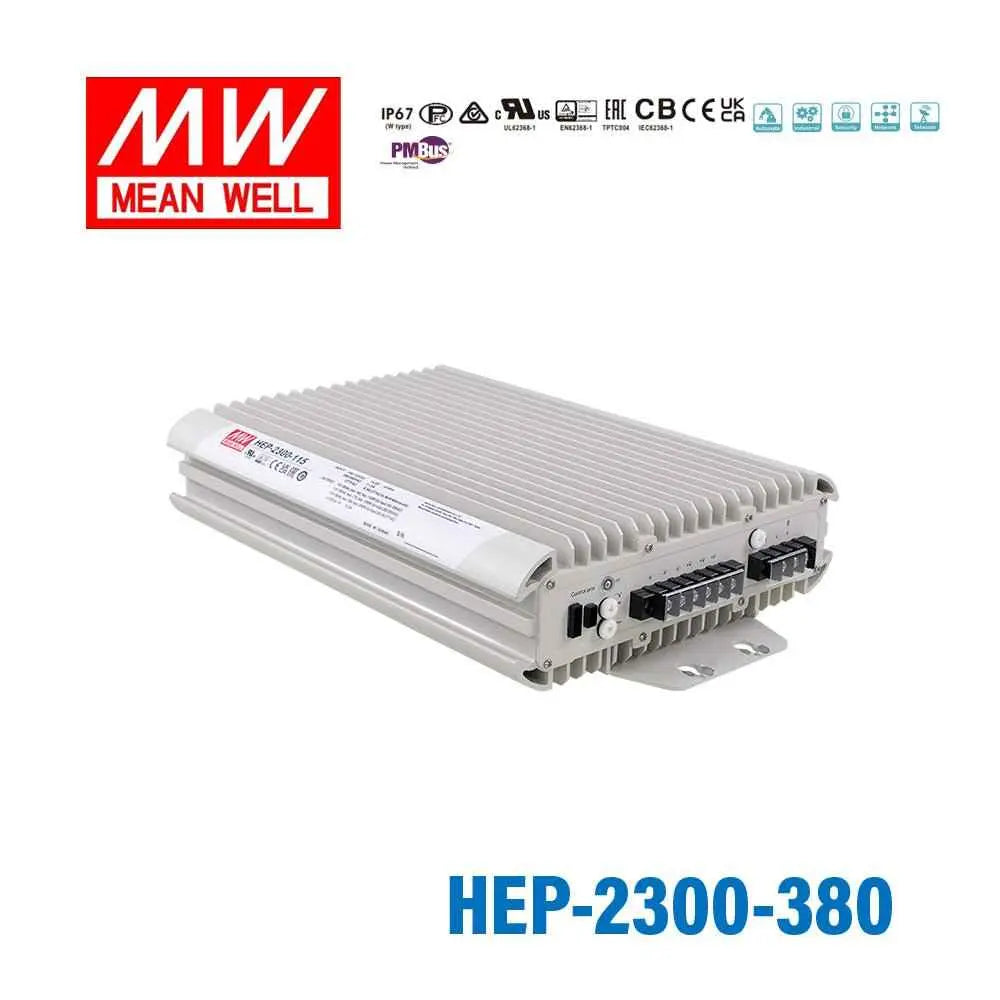 HEP-2300-380 The Mean Well USA HEP-2300-380 is an enclosed AC DC converter with a 2300W power rating. It offers a 380V output voltage and 6.05A current.