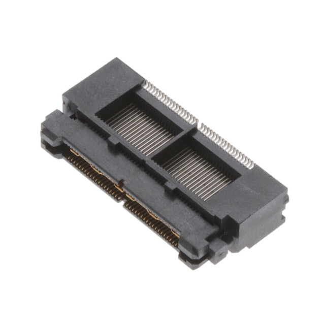 767042-2 TE Connectivity 767042-2 plug connector with outer shroud contacts, 76 positions in 2 rows at 0.64mm pitch. Surface mount with gold contact finish, suitable for board-to-board stacking heights of 18.75mm and 27.8mm.