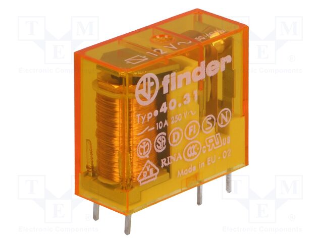 40.31.8.012 The Finder 40.31.8.012 is a miniature electromagnetic relay featuring a 12V AC coil and SPDT contacts rated for up to 20A. It is designed for PCB or socket mounting.
