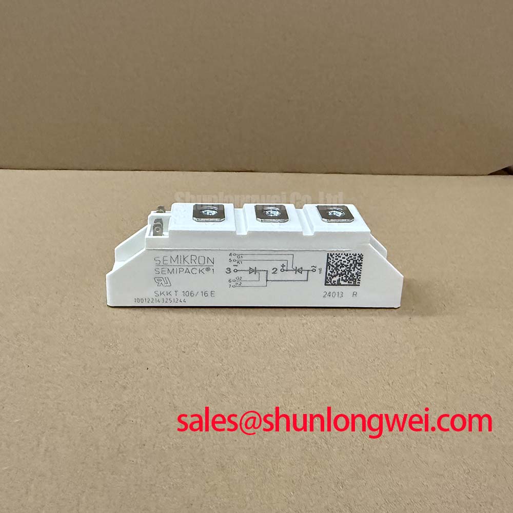 SKKT106/16E The SEMIKRON SKKT106/16E is a dual thyristor module designed for power control applications. It offers a 1600V repetitive peak off-state voltage and 106A average on-state current.