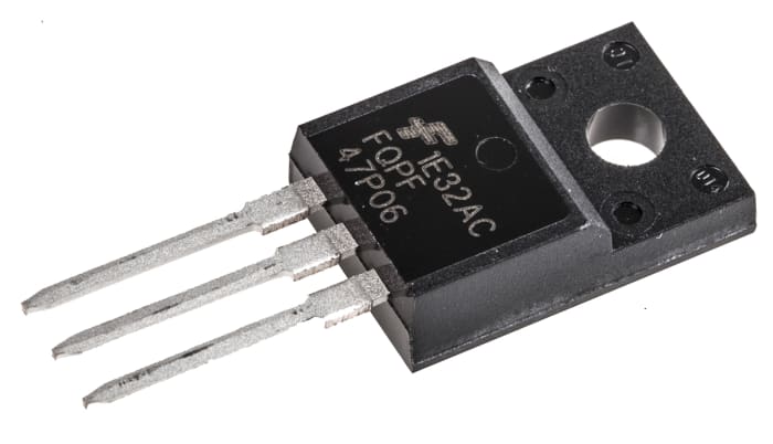FQPF47P06 The FQPF47P06 is a P-Channel QFET MOSFET from onsemi, rated for -60V and -30A with a low on-resistance of 26mOhm. It comes in a TO-220F-3 through-hole package.
