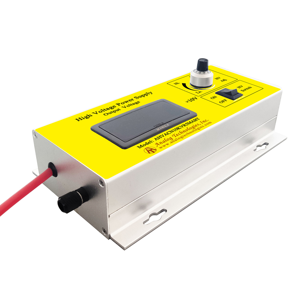 AHVACN10KVR5MABT The Analog Technologies AHVACN10KVR5MABT is an enclosed AC-DC high voltage power supply with a 10kV output voltage and 0.5mA current rating. It operates from a 90-230V AC input.
