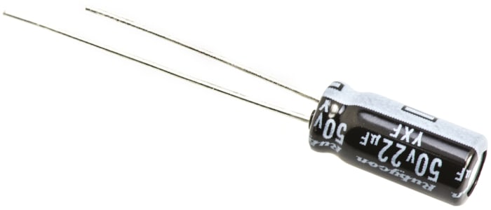 50YXF22M5X11 This Rubycon 50YXF22M5X11 is a 22µF, 50V DC radial aluminum electrolytic capacitor. It is designed for through-hole mounting.