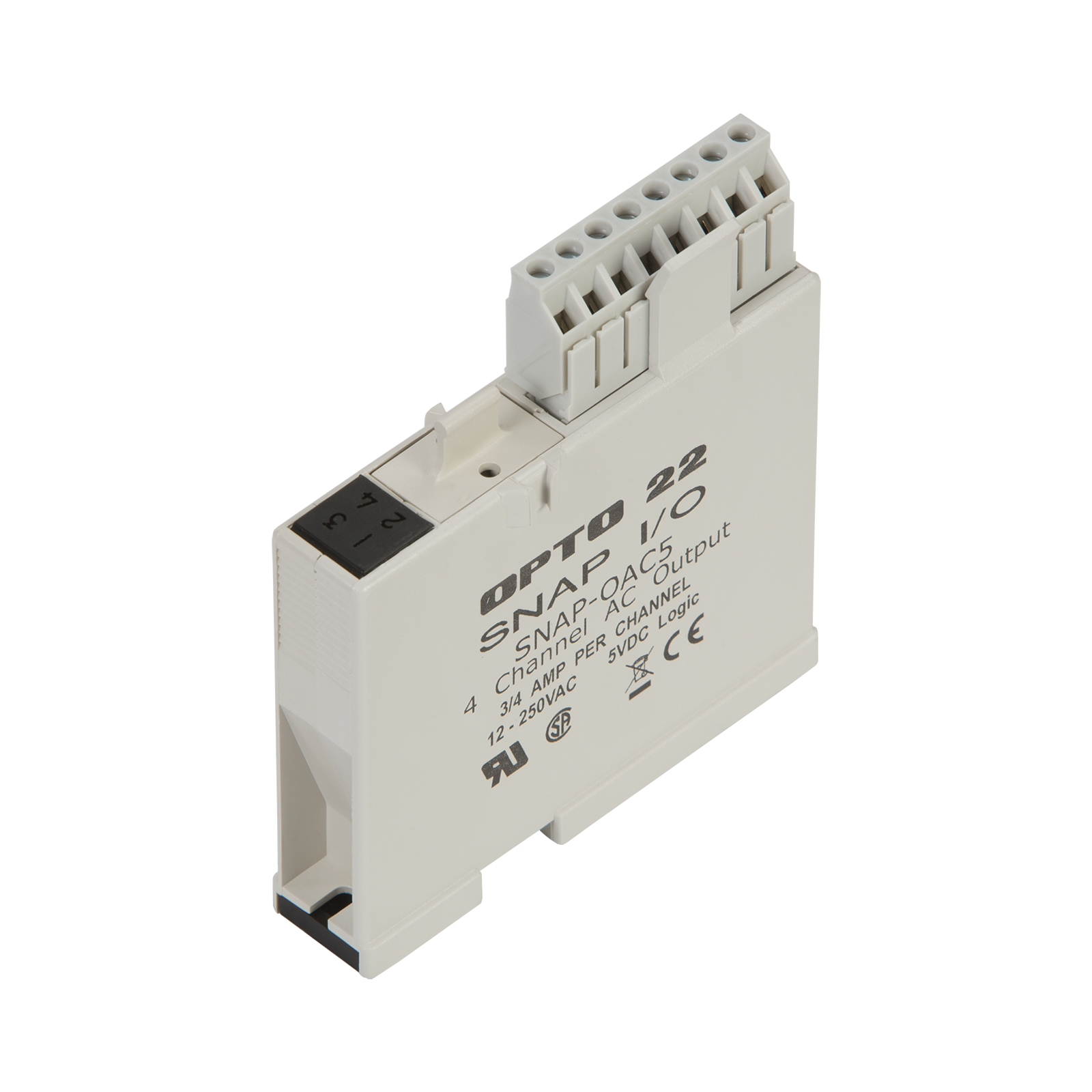 SNAP-OAC5 The Opto 22 SNAP-OAC5 is a 4-channel AC digital output module. It operates with 12-250 VAC output and features zero voltage turn-on for transient-free switching.