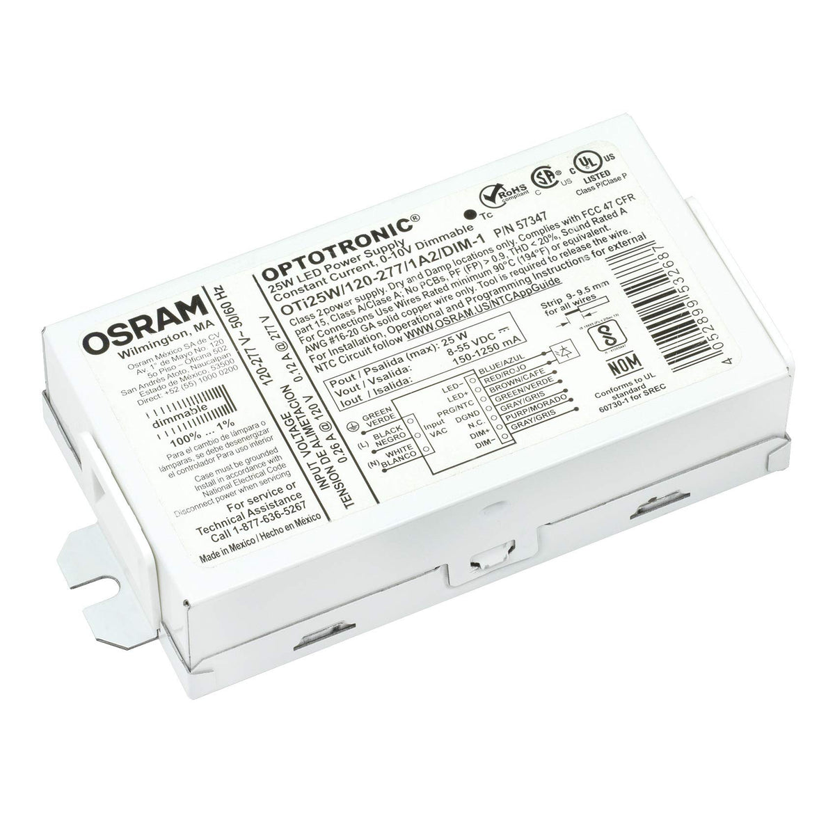 57347 The OSRAM 57347 is a 25W constant current LED driver with a universal 120-277V input. It offers dimming down to 1% via a 0-10V interface.