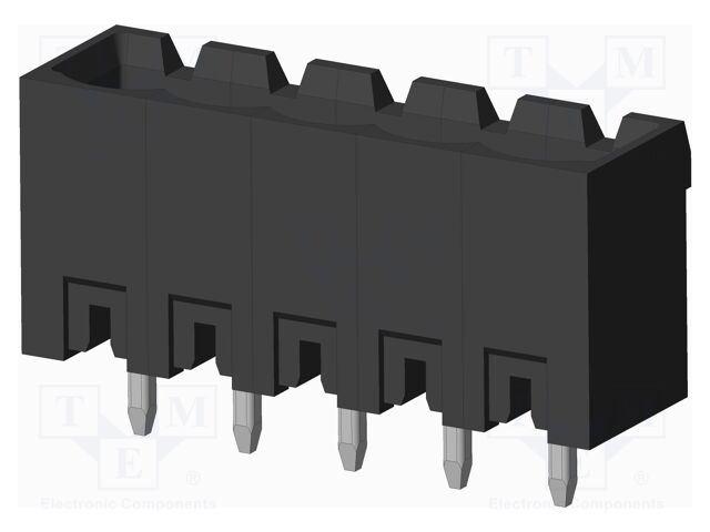 OQ0571000000G This is a 5 position, 5mm pitch, vertical through hole terminal block header with male pins and shrouded (4 side) design. It is rated for 20A and 300V.
