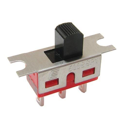500SSP3S1M6REA The E-Switch 500SSP3S1M6REA is a slide switch with a SPDT circuit and a 0.4VA 20V rating. It features epoxy sealed terminals and a through-hole, right-angle mounting type.