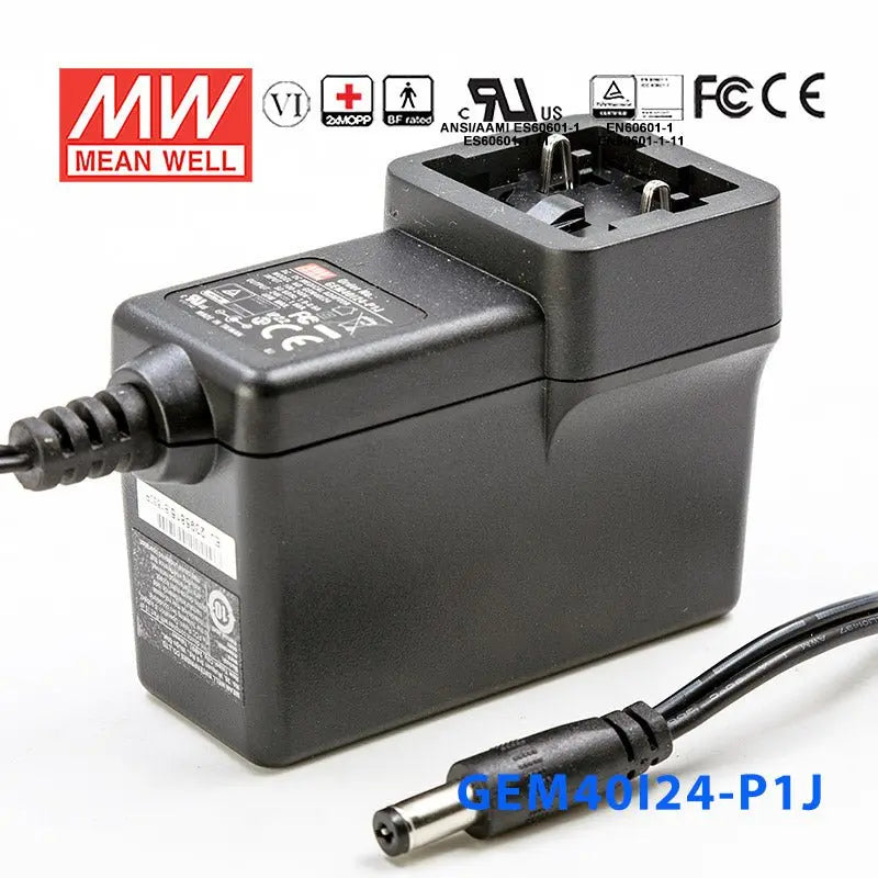 GEM40I24-P1J The Mean Well USA GEM40I24-P1J is a 40W AC/DC wall mount adapter with a 24V output and 1.66A rated current. It offers Level VI energy efficiency and medical safety approvals.