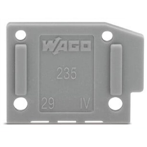 235-400 The Wago 235-400 is a blue snap-fit end plate with a thickness of 1mm. It is designed for terminal block applications.