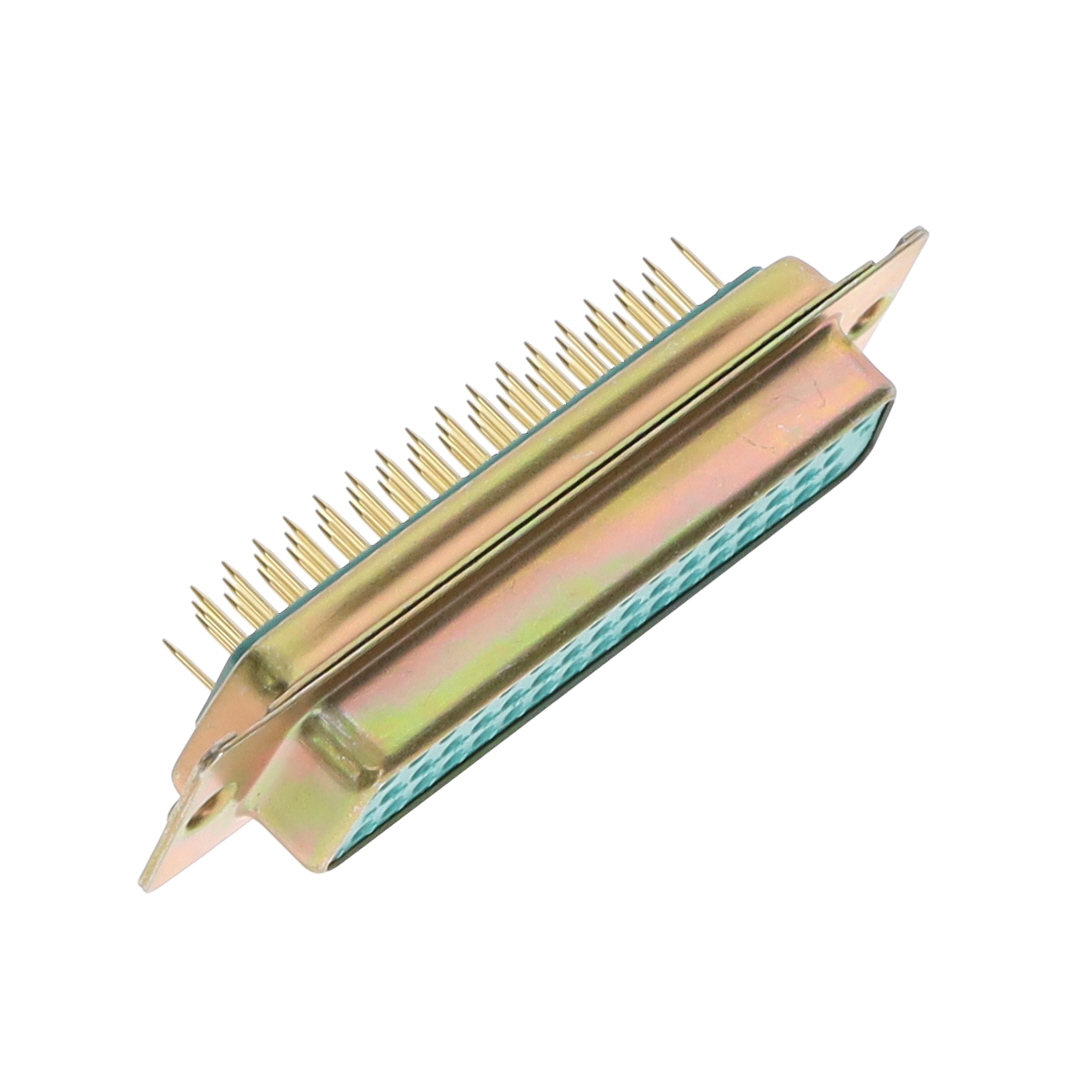 DDMS50S300 DDMS50S300 is a D-Sub receptacle with 50 female sockets, vertical orientation, through-hole solder termination, and gold contact finish. It features a steel shell with yellow cadmium plating and UL94 V-0 rated insulation.