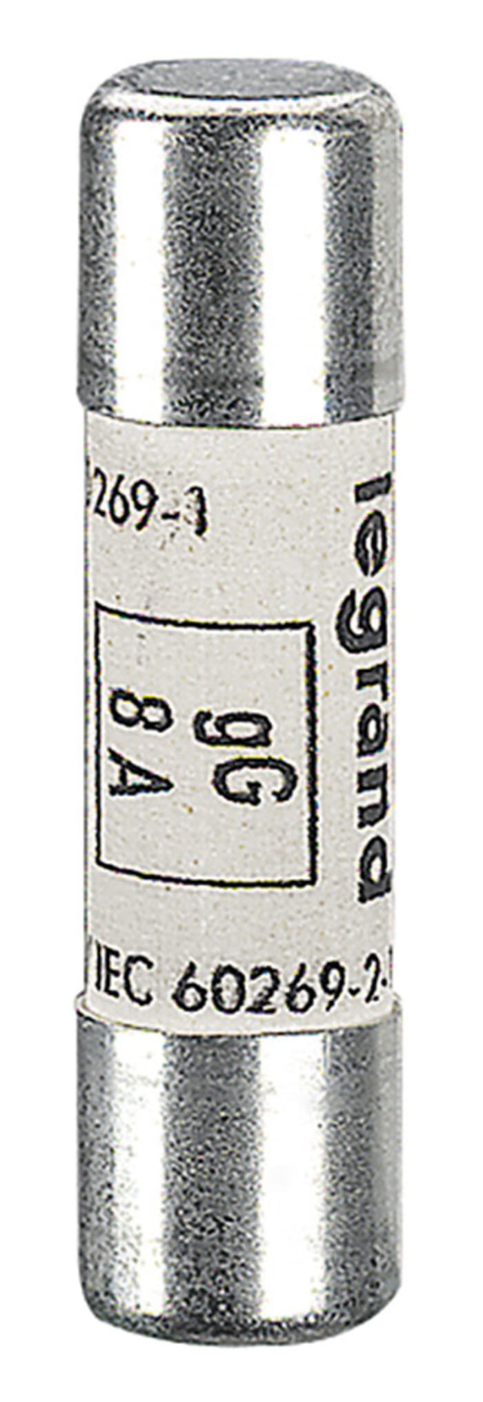 133 08 This Legrand 8A ceramic cartridge fuse is designed for 500V ac applications and measures 10 x 38 mm. It is suitable for gG applications and meets NFC, IEC, and EN standards.