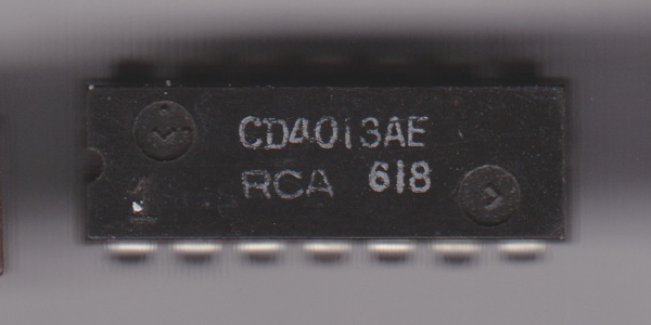 CD4013AE The RCA CD4013AE is a dual D-type flip-flop IC. It features two independent flip-flops, each with data, set, reset, and clock inputs.