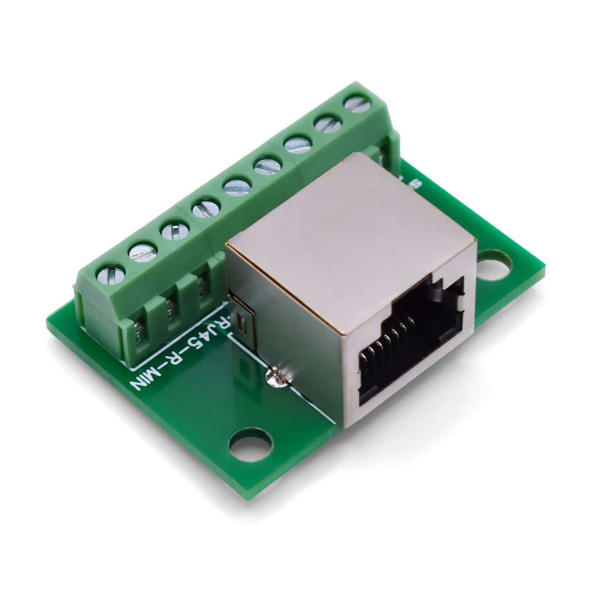 ST-RJ45-R-MIN The Schmalz Inc ST-RJ45-R-MIN is a compact RJ45 breakout board with screw terminals. It breaks out all 8 contacts and the shield for easy termination.