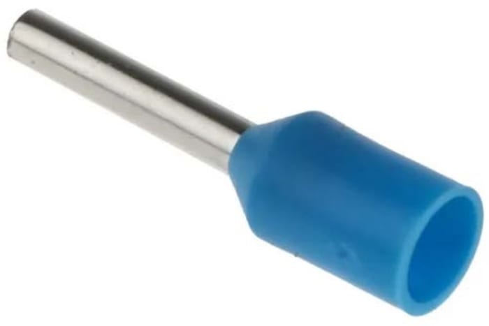 458-695 This RS PRO insulated crimp bootlace ferrule features a blue nylon collar and a tin-plated copper tube. It is designed for providing clean end terminations on multi-stranded wires.